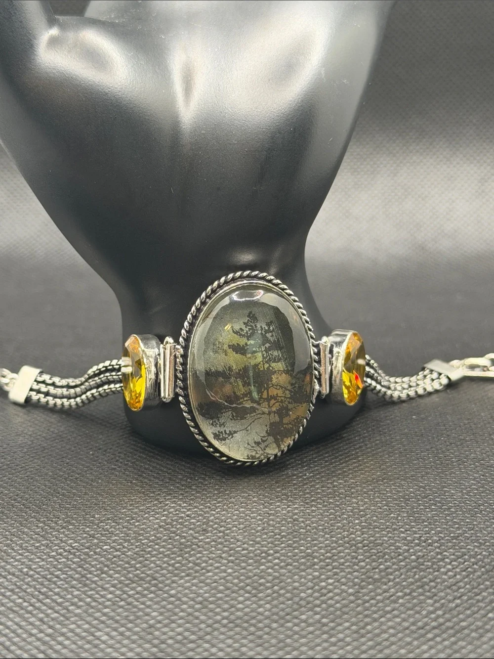 One of a kind Sterling Silver Dendrite Picture Opal and Citrine Bracelet